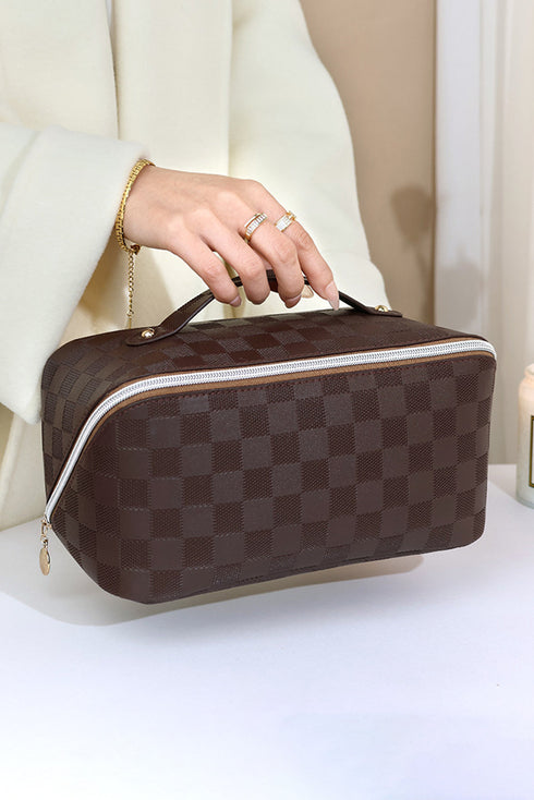 Checkered Print Faux Leather Top Handle Makeup Bag
