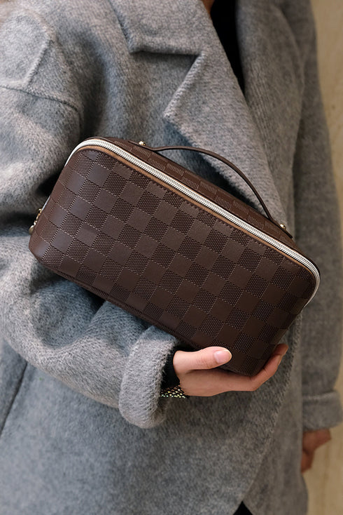 Checkered Print Faux Leather Top Handle Makeup Bag