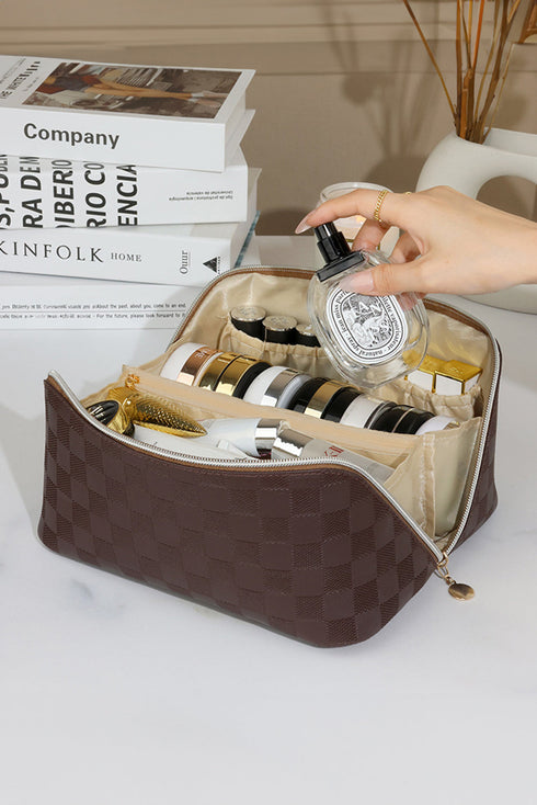 Checkered Print Faux Leather Top Handle Makeup Bag
