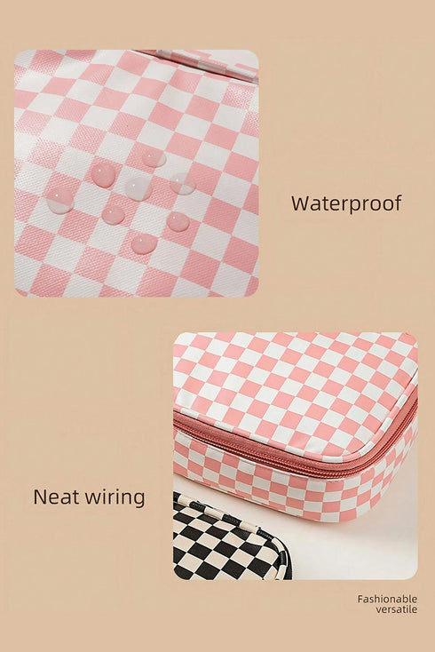 Checkered Print Faux Leather Zippered Travel Makeup Bag