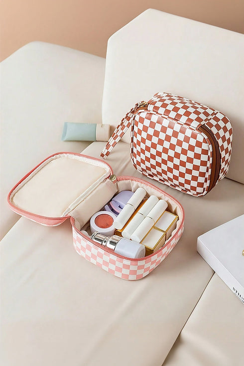 Checkered Print Faux Leather Zippered Travel Makeup Bag