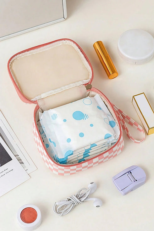 Checkered Print Faux Leather Zippered Travel Makeup Bag