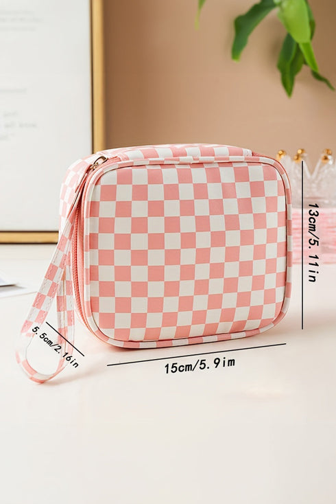 Checkered Print Faux Leather Zippered Travel Makeup Bag