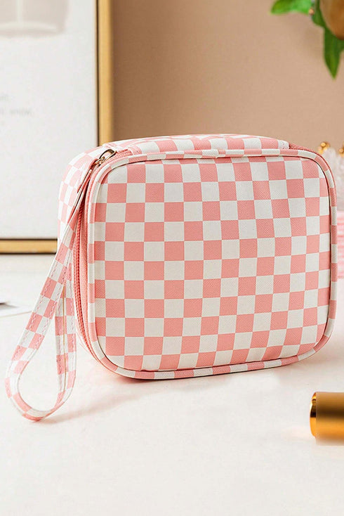 Checkered Print Faux Leather Zippered Travel Makeup Bag