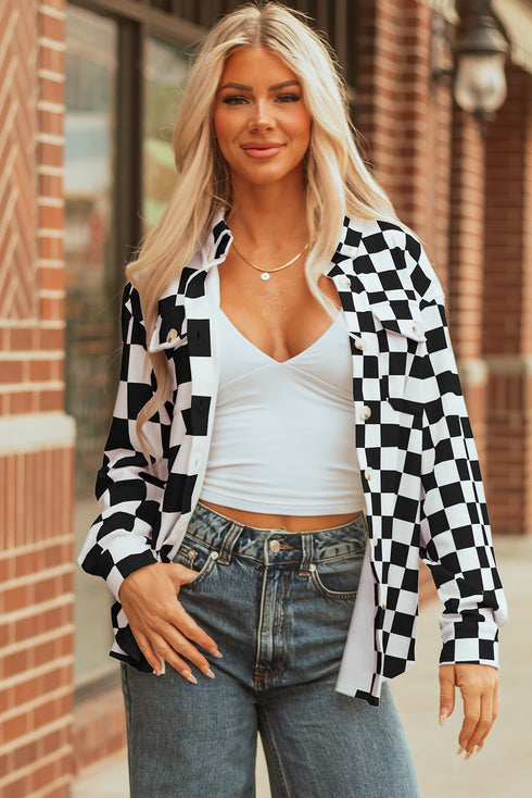Checkered Print Flap Pocket Button Front Shacket
