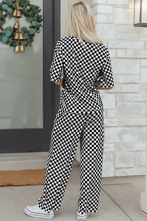 Checkered Print Half Sleeve Tee And Wide Leg Lounge Set