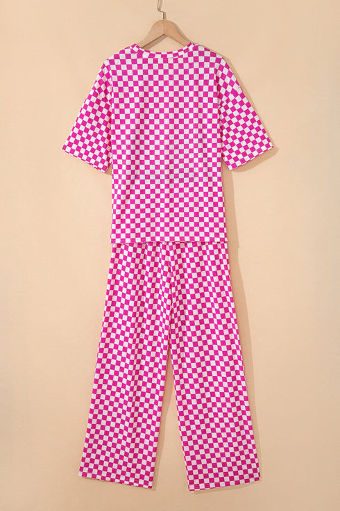 Checkered Print Half Sleeve Tee And Wide Leg Lounge Set