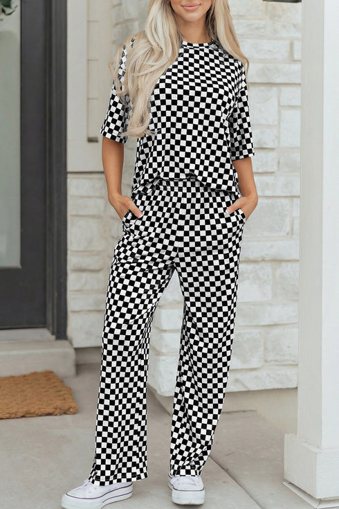 Checkered Print Half Sleeve Tee And Wide Leg Lounge Set