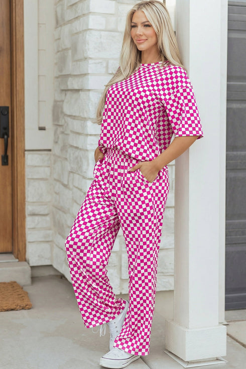 Checkered Print Half Sleeve Tee And Wide Leg Lounge Set