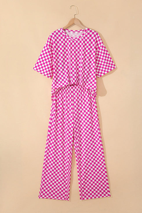 Checkered Print Half Sleeve Tee And Wide Leg Lounge Set