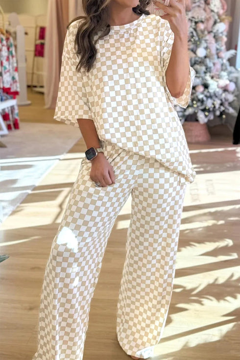 Checkered Print Half Sleeve Tee And Wide Leg Lounge Set