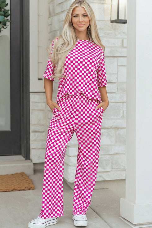 Checkered Print Half Sleeve Tee And Wide Leg Lounge Set