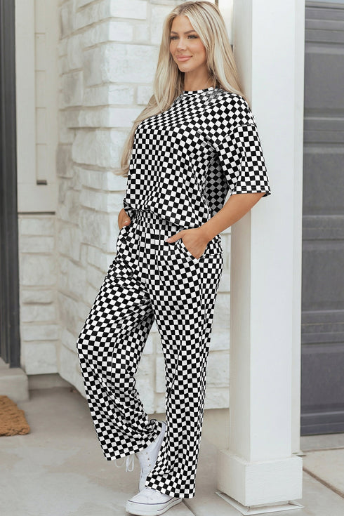 Checkered Print Half Sleeve Tee And Wide Leg Lounge Set