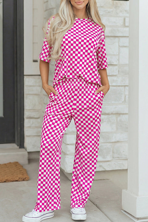 Checkered Print Half Sleeve Tee And Wide Leg Lounge Set