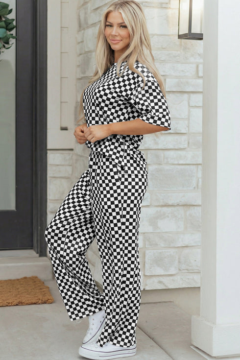 Checkered Print Half Sleeve Tee And Wide Leg Lounge Set