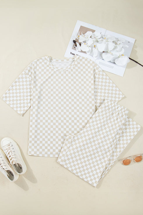 Checkered Print Half Sleeve Tee And Wide Leg Lounge Set