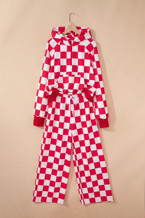 Checkered Print Half Zip Wide Leg Pant Sets