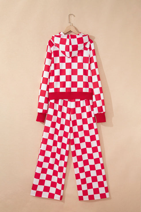 Checkered Print Half Zip Wide Leg Pant Sets