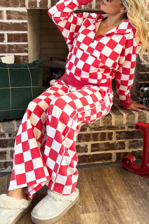 Checkered Print Half Zip Wide Leg Pant Sets