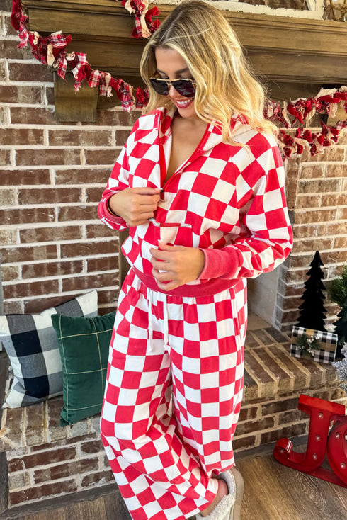Checkered Print Half Zip Wide Leg Pant Sets