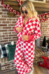 Checkered Print Half Zip Wide Leg Pant Sets
