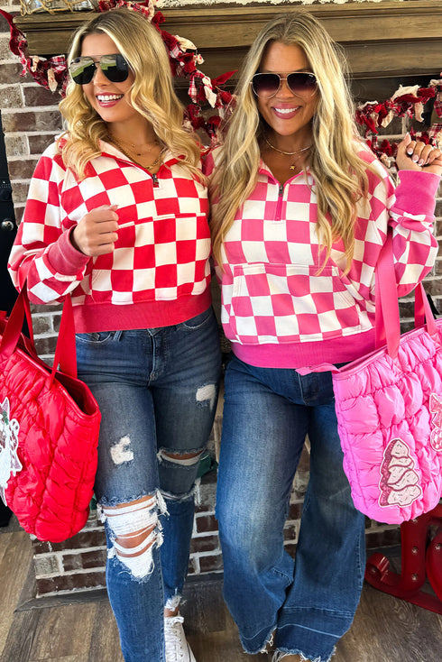 Checkered Print Half Zip Wide Leg Pant Sets