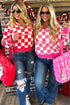 Checkered Print Half Zip Wide Leg Pant Sets