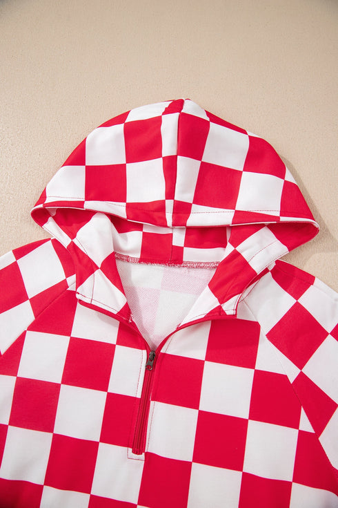 Checkered Print Half Zip Wide Leg Pant Sets