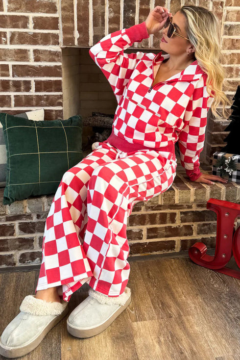 Checkered Print Half Zip Wide Leg Pant Sets