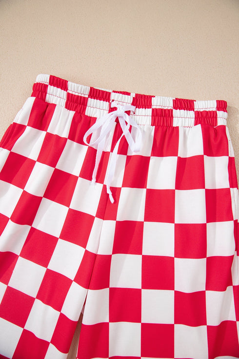 Checkered Print Half Zip Wide Leg Pant Sets