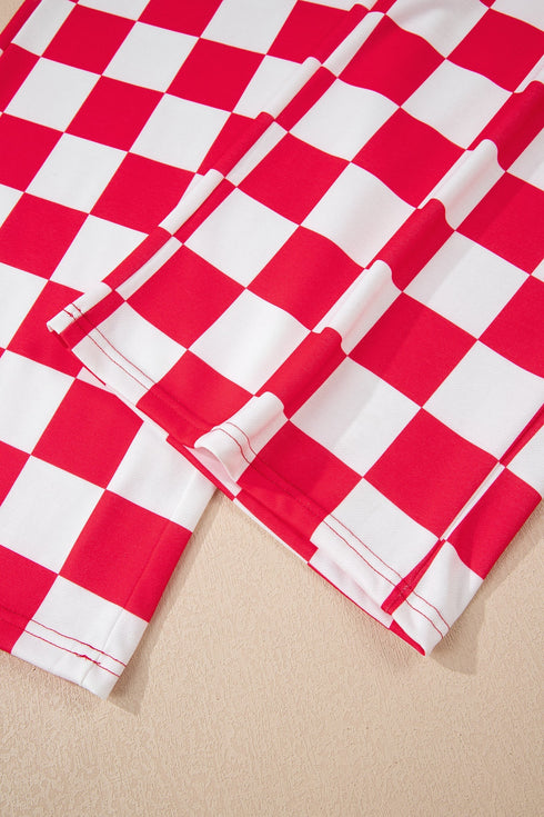Checkered Print Half Zip Wide Leg Pant Sets