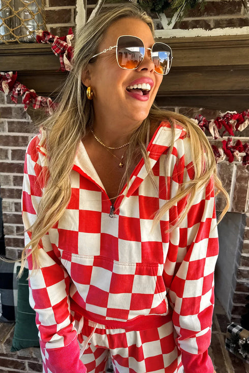 Checkered Print Half Zip Wide Leg Pant Sets