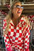 Checkered Print Half Zip Wide Leg Pant Sets