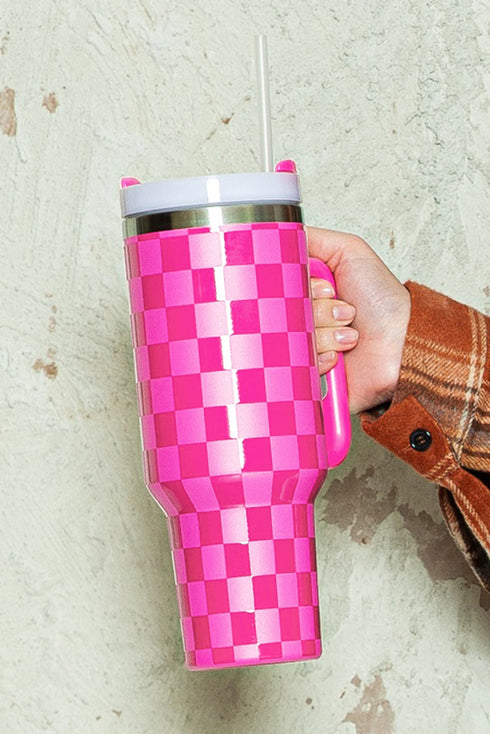 Checkered Print Handled Stainless Steel Travel Tumbler