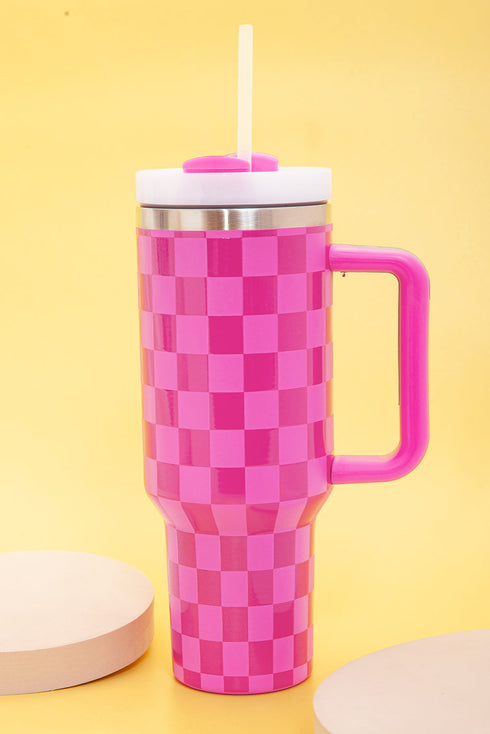 Checkered Print Handled Stainless Steel Travel Tumbler