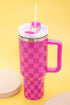 Checkered Print Handled Stainless Steel Travel Tumbler