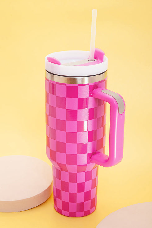 Checkered Print Handled Stainless Steel Travel Tumbler