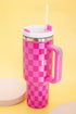 Checkered Print Handled Stainless Steel Travel Tumbler
