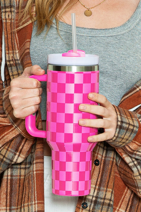 Checkered Print Handled Stainless Steel Travel Tumbler