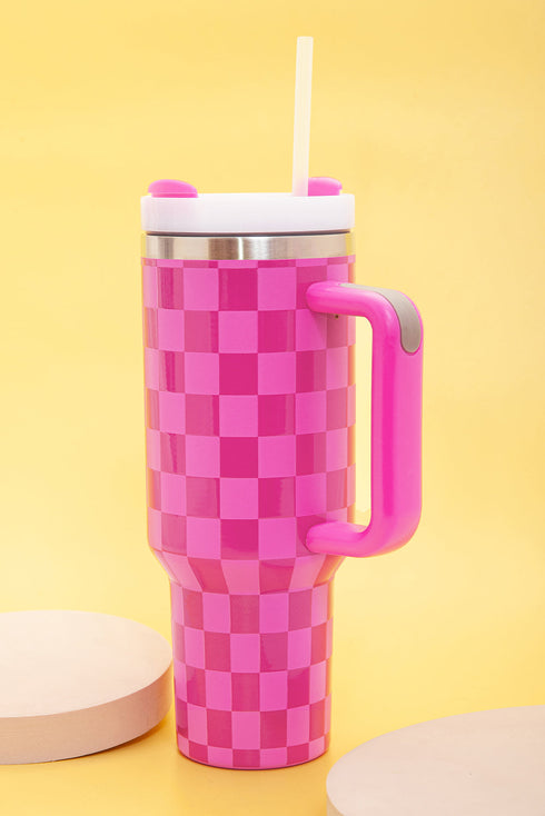 Checkered Print Handled Stainless Steel Travel Tumbler