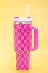 Checkered Print Handled Stainless Steel Travel Tumbler