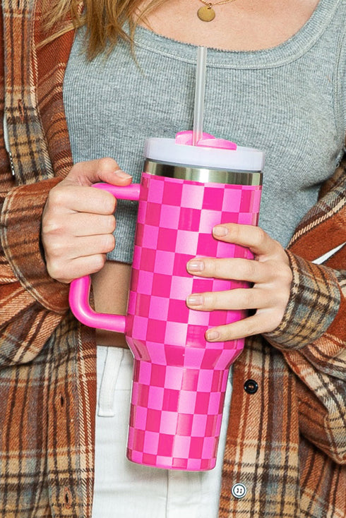 Checkered Print Handled Stainless Steel Travel Tumbler