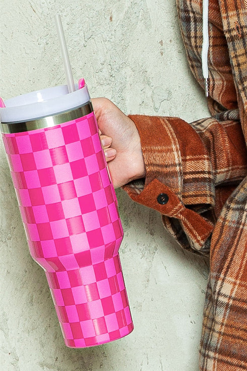 Checkered Print Handled Stainless Steel Travel Tumbler