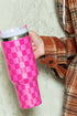 Checkered Print Handled Stainless Steel Travel Tumbler