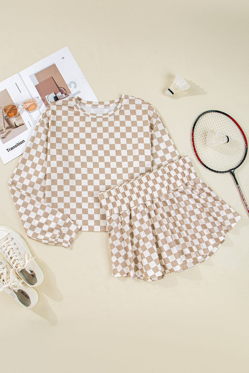 Checkered Print Long Sleeve Crop Top Skort Short Set