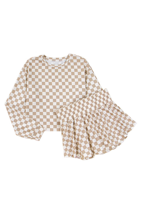 Checkered Print Long Sleeve Crop Top Skort Short Set