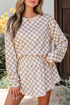 Checkered Print Long Sleeve Crop Top Skort Short Set