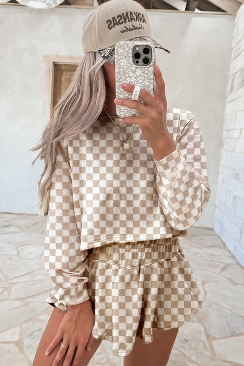 Checkered Print Long Sleeve Crop Top Skort Short Set