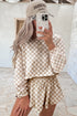Checkered Print Long Sleeve Crop Top Skort Short Set