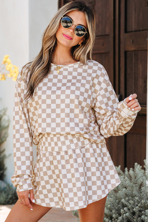 Checkered Print Long Sleeve Crop Top Skort Short Set